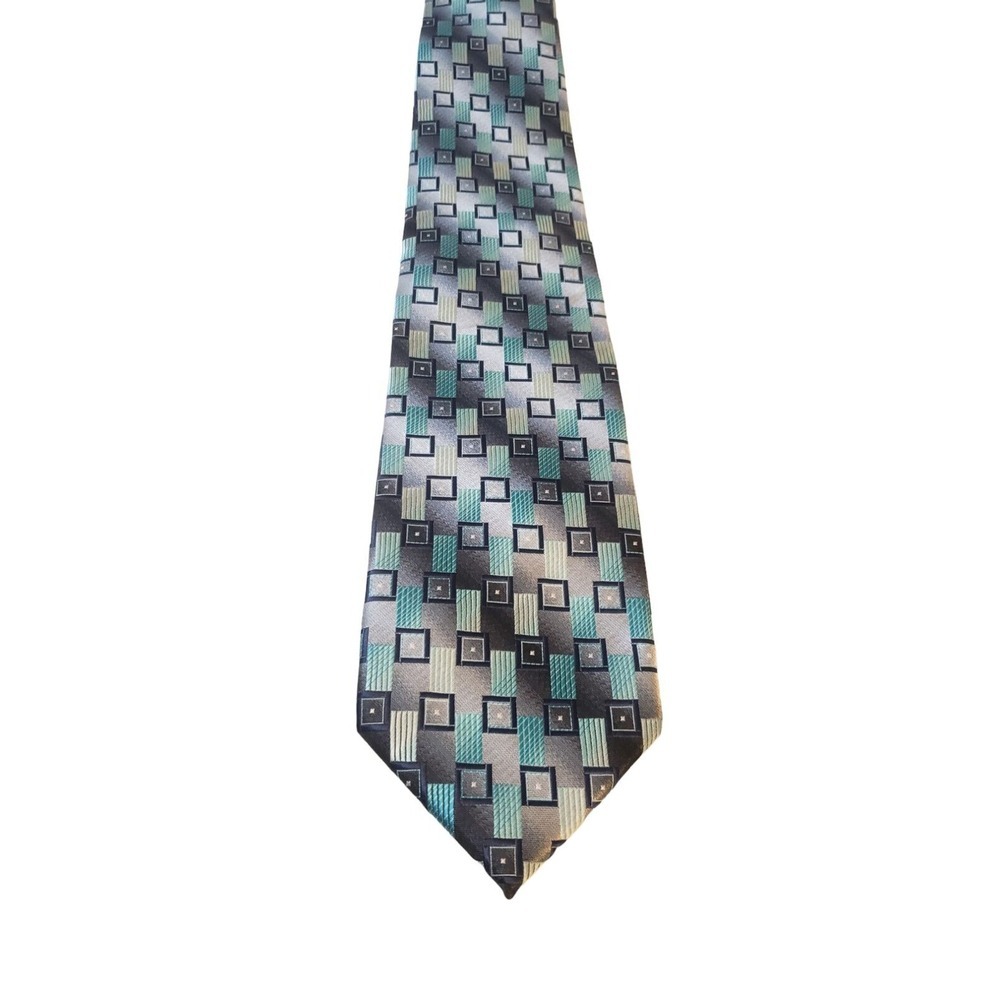 Croft And Barrow Mens Necktie Teal Gray Geometric Polyester Classic Work Wedding